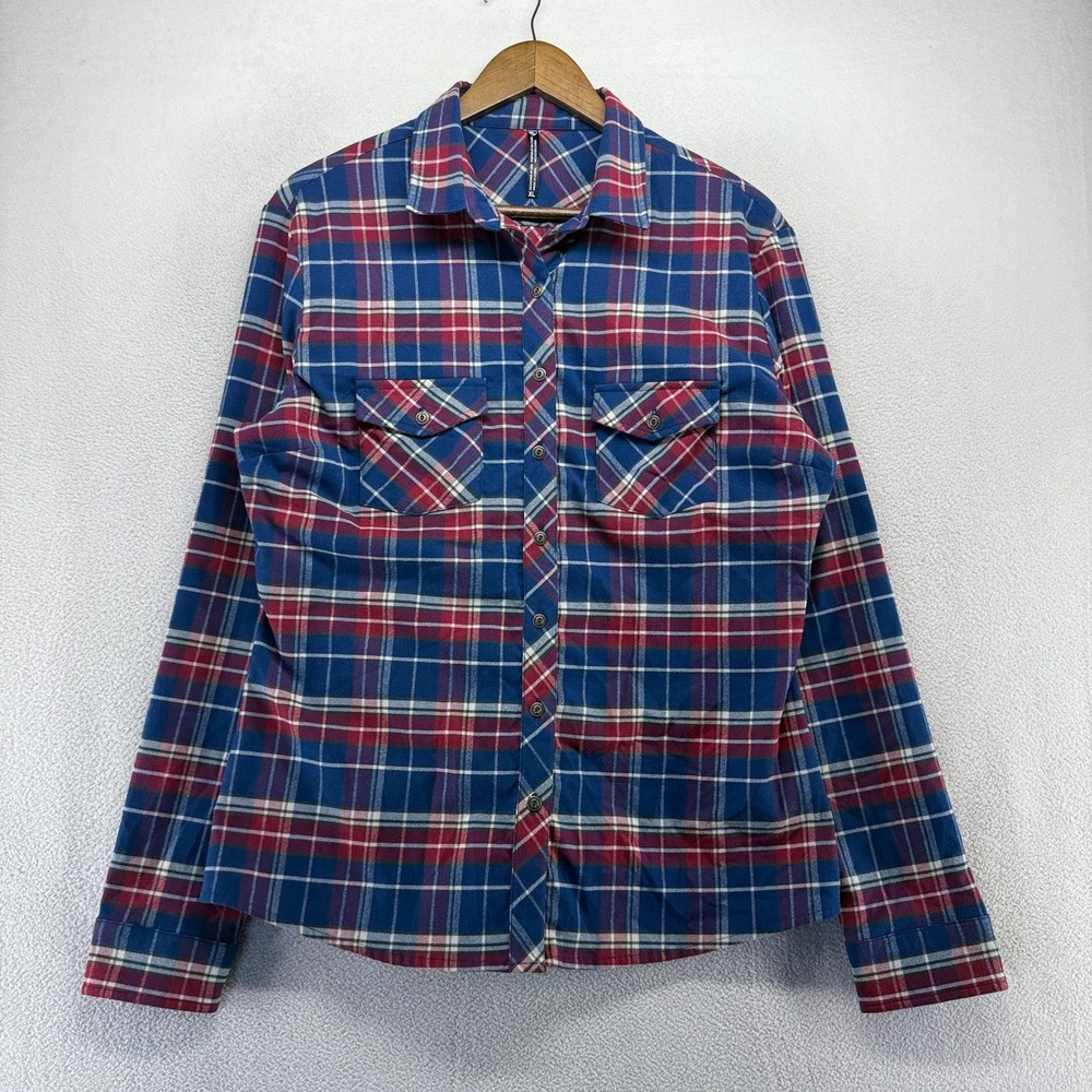 Kuhl Flannel Shirt Women's XL Blue Pink Plaid Check Metal Buttons Outdoor hiking